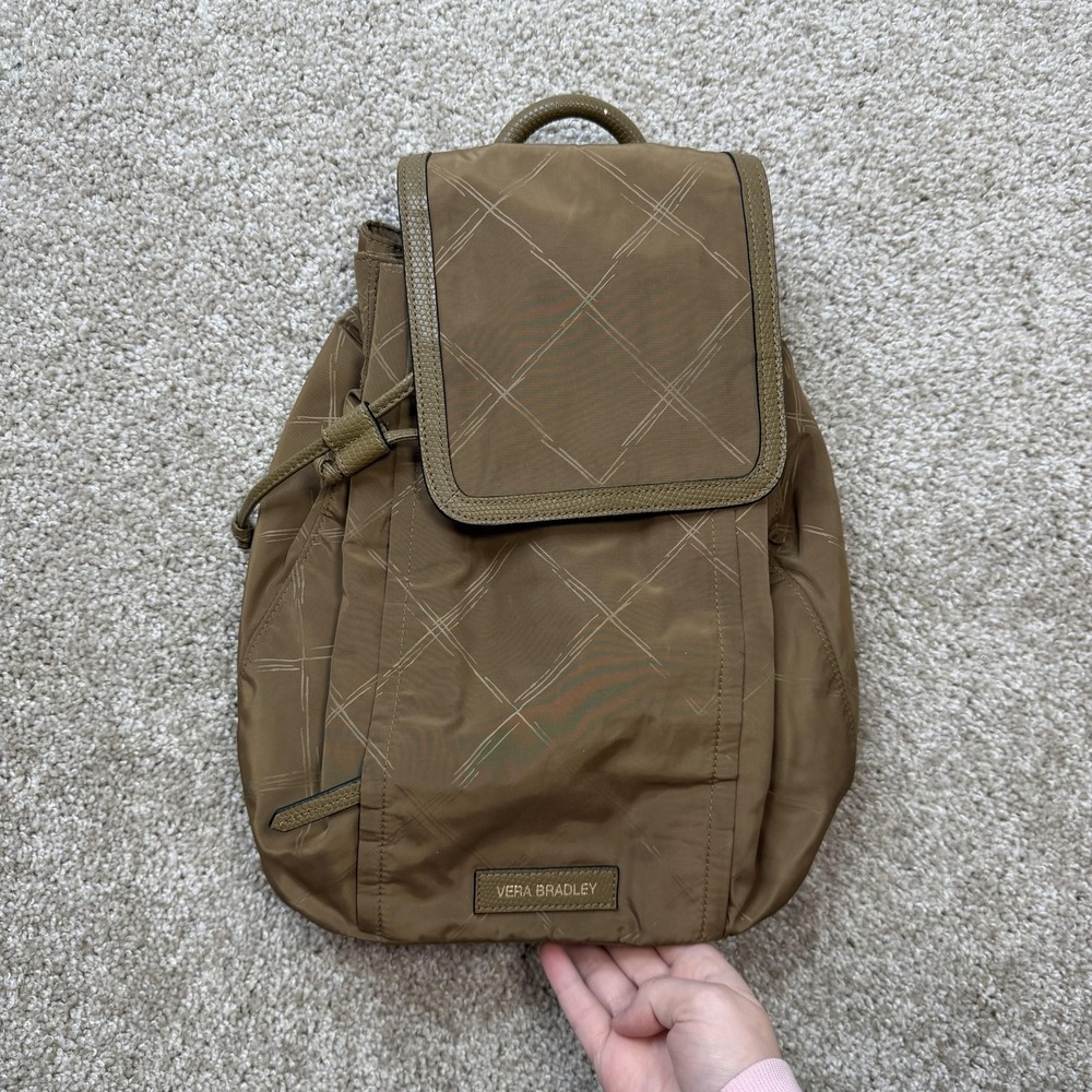 Vera Bradley Backpack Womens Small Brown Polyester Faux Leather Drawstring Flap